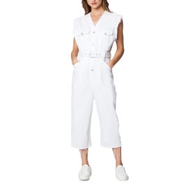 [BLANKNYC] Womens Sleeveless Belted White Denim Jumpsuit, Stylish & Designer Clothing, Head In The Clouds, Large