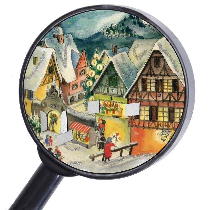 Nostalgischer Adventskalender/Weihnachtskalender mit Bildern und Glimmer "Kleines Dorf im Winter"