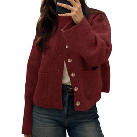 Cicy Bell Womens Chunky Knit Cardigan Sweaters Button Down Mock Neck Open Front Jacket Winter Casual Outerwear with Pockets Wine Red