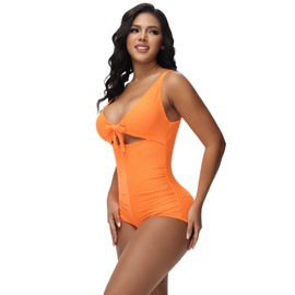 SHAPSHE Tummy Control Swimsuits for Women Slimming One Piece Bathing Suit Front Tie Knot Swimwear with Built-in Bra Orange
