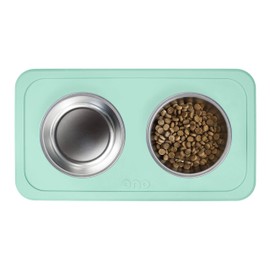 Ono Good Bowl Food & Water Double Feeder - Small to Medium Pets No Spill Non Skid Silicone Mat & Stainless Steel Bowls for Dogs or Cats (Mint)