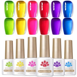 BORN PRETTY Gel Nail Color, Transparent, 6 Color Set, Self Nails, For Beginners, Sheer Color Gel Nails, Spring and Summer Color, 0.2 fl oz (7 ml) / Bottle (Neon Colors)