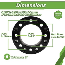 YIZBAP 2PCS 8x6.5 to 8x180 Wheel adapters, 2 inch 8x165.1mm to 8x180 Wheel adapters 126.15mm Hub Bore with 14x1.5 Thread Pitch. for 1999-2010 Silverado Sierra 2500 3500 HD, 2014-2023 Ram 2500 3500