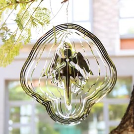 PESTEZE USA Premium Large Angel Stainless Steel Wind Spinner 11x15’’ Reflective Outdoor Hanging Garden Decoration for Yard, Porch & Patio, 3D Metal Ornament Spins Beautifully to Repel Bird & Add Charm