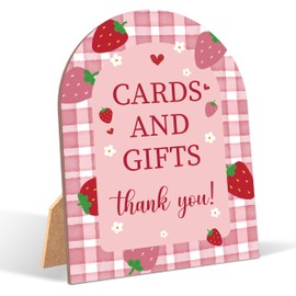 Strawberry Cards and Gifts Sign for Baby Shower, 6x8 Inch Arch Wooden Sign with Stand, Berry Baby Shower Table Sign, Gender Neutral Party Decoration - MUK23