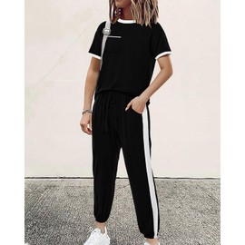 Amkoyam Women's Two Piece Outfits 2025 Summer Short Sleeve Tops With Drawstring Long Pants Tracksuit Jogger Lounge Set(Black,Medium)