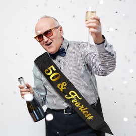 50th Birthday Sash - 50 & Fearless 50th Birthday Decorations for Women Men, 50th Birthday Party Favors for Her Him. (32-inch, Black Glitter Gold Foil)