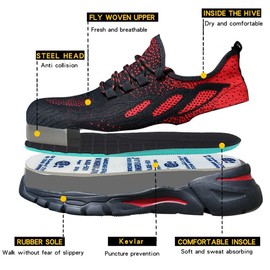 HYCOPROT Safety Shoes Men Women Steel Toe Cap Trainers Lightweight Breathable Work Shoes Steel Cap Shoes Non-Slip and Puncture Resistant Sporty Protective Shoes, red