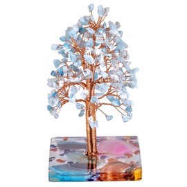 mookaitedecor Natural Aquamarine Healing Crystal Money Tree with Colourful Agate Chakra Crystals Base, Tree of Life Feng Shui Gem Stone Tree Ornament Blue Room Decor Reiki Crystal Gift for Friend