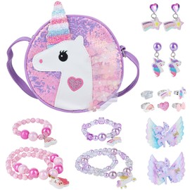Niceup Unicorn Jewelry Gift Set for Little Girls, Princess Dress-up Play Jewelry Toys with Purple Unicorn Purse Necklaces Bracelets Earrings Rings Hair Clips, Christmas Birthday Gift for Girls Age 4-7