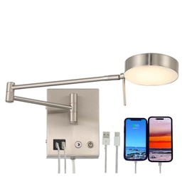 HomeFocus Swing Arm Wall Light,Bedside LED Reading Wall Light with USB Charging,Multi-Function Wall Lamp,Bedside Dimmable Wall Sconces,Adjustable LED Color and Brightness,Metal,Satin Nickel.
