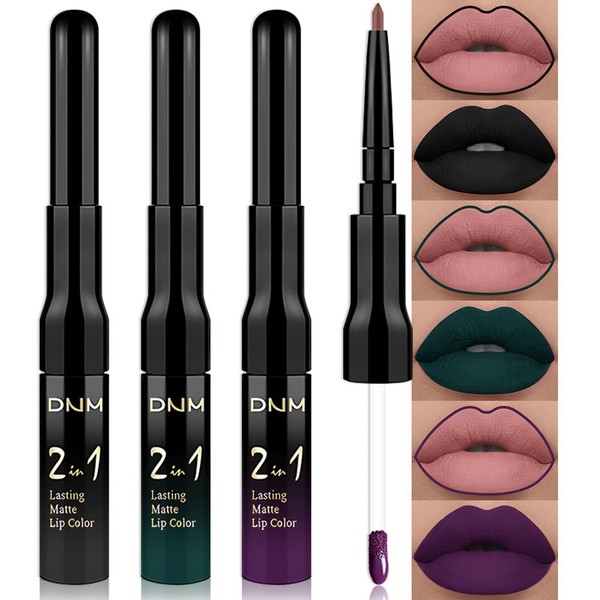 evpct 3Pcs Dark Black Green Purple Matte Lip Liner and