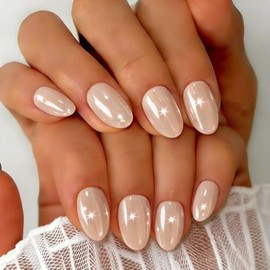 SXVME Uñas postizas cortas ovaladas color nude claro cromado, 32 piezas de uñas postizas gruesas y bonitas con acabado brillante y diseño de espejo, u