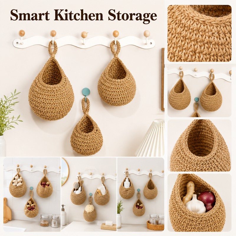 Wall Hanging Fruit and Vegetable Baskets for Kitchen - 3-Piece