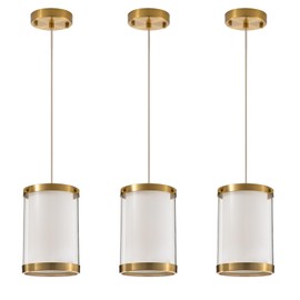 Dijiahua Gold Pendant Lights Kitchen Island Over Table 3 Pack,Modern Brass Mini Chandelier for Dining Room,Adjustable Cord Ceiling Hanging Light Fixtures with White Fabric and Clear Acrylic Shade