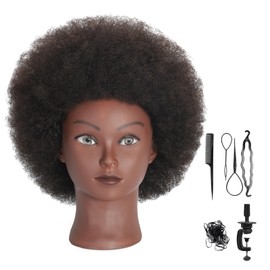 VEELTRAS Afro Mannequin Head with 100% Curly Human Hair Cosmetology Mannequin Head for Hairdresser Practice Styling Braiding with a Clamp