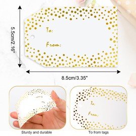 G2PLUS Foil Gold Dots Gift Tags, 50PCS to from Gift Tags with String, White Paper Hang Tags, Christmas Name Gift Tags for DIY Art & Craft, Gift Wrapping, Party Favors (2.16'' x 3.35'')