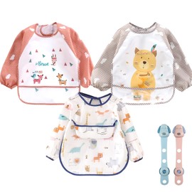 YINGJEE 3 Pack Baby Long sleeve bibs with safety locks,waterproof baby bib with pocket, Adjustable Neckline sleeve Bibs toddler(6-36 months),enfant manche longue bavette bébé………………………