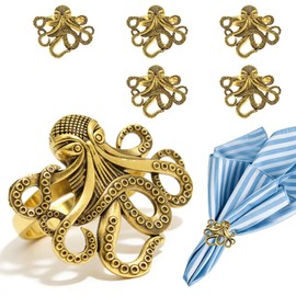 Davifina Gold Octopus Napkin Rings Set of 6 Coastal Beach Napkin Ring for Beachy Wedding Pool Party,Sea Fish Napkin Holders for Baby Shower Brithday Holiday Gatherings Dinner Table Decor