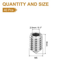 uxcell 40Pcs Set Screws M5x8mm 304 Stainless Steel Cone Point Hex Socket Grub Screws for Machinery, Home Repairs, and Fixtures Silver