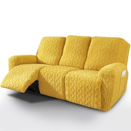 vctops 8 Pieces Geometric Jacquard Plush Recliner Sofa Covers Soft Fuzzy Fluffy 3 Seats Couch Cover Anti-Slip Sofa Slipcover Furniture Protector with Elastic Bottom for Kids Pet(Yellow,3 Seat)