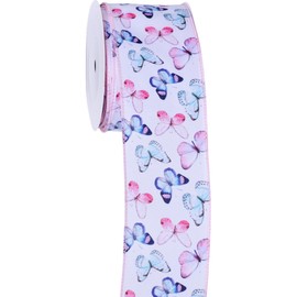 Meseey Spring Wired Edge Ribbon Pastel Butterfly Summer Decoration Ribbons for Wreaths, Crafts, Garlands, Gift Wrapping (Gradient Butterfly, 2.5 Inch)