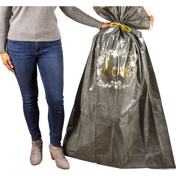 Hallmark 56" Large Plastic Gift Bag (Gold Love, White Flowers) for Engagement Parties, Bridal Showers, Weddings, Valentines Day and More