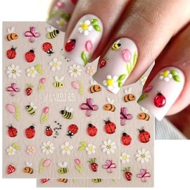 Spring Flower Nail Art Stickers Decals 2Pcs Bee Butterfly Nail Decals Tulip Daisy Ladybug Strawberries Cute Nail Design Accessories 5D Embossed Summer Manicure Supplies for Women Girls Nail Decoration