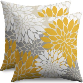 Yellow White Grey Gray Pillow Covers 20X20 Inch Set of 2, Modern Geometry Dahlia Floral Print Decorative Throw Pillow Covers Outdoor Farmhouse Cushion Case for Home Couch Sofa Bed Decoration