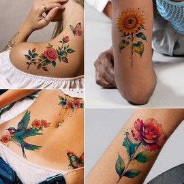 Tazimi 3D Large Watercolor Flower Temporary Tattoos For Women Watercolor Roses Flower Butterfly Sunflower Daisy Tattoos Sticker Girls Adults Waterproof Realistic Arm Body Colourful Tattoos