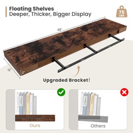 Heimlove 12 Inch Deep Floating Shelves, 48 x 12 inches Long Wall Shelf, Large Display Shelf & Storage Shelf, Rustic Wood Wall Shelves for Fireplace Mantel, Set of 2(Rustic Brown)