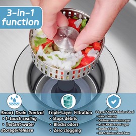 Kitchen Sink Drain Strainer Stopper 3 in 1, 304 Stainless Steel & Copper Spring, Anti-Clogging Sink Strainer Basket with Odor Blocker, Universal Fit for US Standard Kitchen Drains