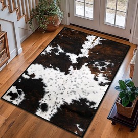 Cowhide Area Rug 3x5 Western Rug Ultra-Thin Washable Throw Carpet Brown Cow Print Rugs for Bedroom Indoor Vintage Rugs Non Slip Accent Floor Carpets for Bedside,Entryway,Living Room,Office