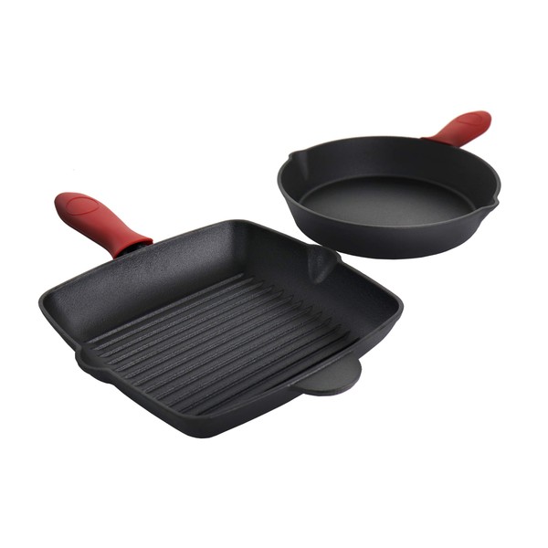 MegaChef Square and Round Pre-Seasoned Cast Iron Cookware Set, 4 Piece, Black, Red