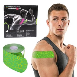 TheraBand Kinesiology Tape, Physio Tape for Pain Relief, Muscle Support, & Injury Recovery, Standard Roll with XactStretch Application Indicators, 2" X 10" Strips, 20 Pack Precut Green/Yellow