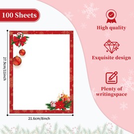Lonfliness 100 PCS Red Christmas Bulbs Letterhead Christmas Border Computer Paper Stationery paper for Note Letters to Santa Holiday Printer Paper Invitations Office School 8.5 x 11 In