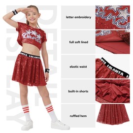 LOLANTA Girls Sequins Dance Outfits, Sparkly Jazz Hip Hop Dance Clothes, Crop Tops with Skirt, Red, 11-12 Years, 160