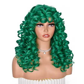 ISAMY Long Curly Wigs for Black Women Curly Afro Wig with Bangs for Women Big Bouncy Fluffy Synthetic Fiber Glueless Hair for Cosplay and Daily (Green)
