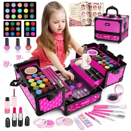 Hollyhi Juego de 59 piezas de maquillaje para niñas, juego de juguetes de maquillaje lavables para disfrazarse, juego de tocador de belleza con estuche de cosméticos, juguetes de cumpleaños para niñas de 3, 4, 5, 6, 7, 8, 9, 10, 11, 12 años
