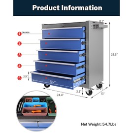 Heavy-Duty 5-Drawer Rolling Tool Chest with Wheels, Steel Tool Storage Cabinet with Lock & Liner for Workshop for Workshop/Garage - Includes 5 Organizer Boxes, Blue-Grey