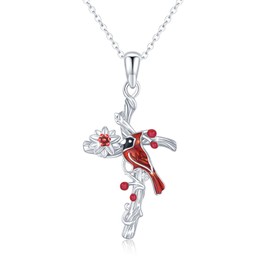 Cardinal Necklace 925 Sterling Silver Flower Cardinal Necklace for Women Cross Pendant Red Bird Necklace Animal Necklace Memorial Sympathy Cardinal Jewelry Gift for Daughter Mother