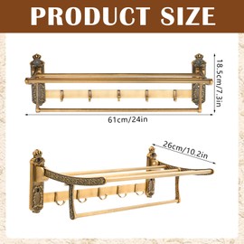 Otoolling Brass Foldable Towel Rack with Hooks, Foldable Wall Mounted Bathroom Shelf Towel Bars Antique Gold Aluminum Rail Holder for Bathroom, Entryway, and Kitchen(2-Tier Vintage Style,24")