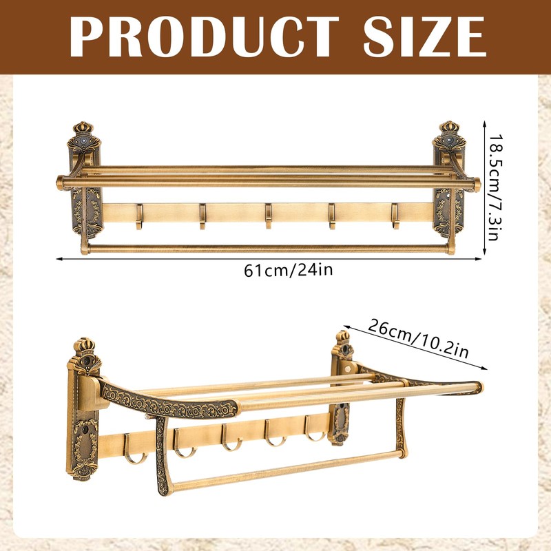 Otoolling Brass Foldable Towel Rack with Hooks, Foldable Wall Mounted