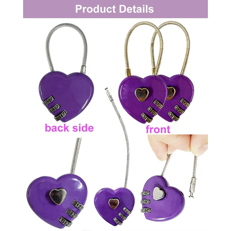 LITAITAI Heart Shaped Password Lock, Purple Love Lock with Combination,