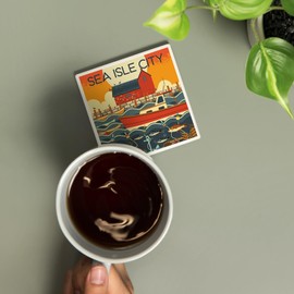 Sea Isle City, New Jersey, Nautical Scene, Geometric (Absorbent Ceramic Coaster, Single, Cork Back, Kitchen Table Decor)