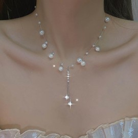 Cybche Boho Pearl Crystal Y Necklace Silver Pearl Transparent Choker Necklace Pearl Y Lariat Necklac Rhinestone Tassel Drop Necklace Small Pearl Chain Necklace Jewelry for Women
