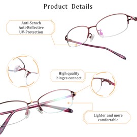 LifeArt Alloy Semi-Rimless Reading Glasses,Blue Light Blocking Glasses, Anti Eyestrain, Computer Gaming Glasses, TV Glasses for Women Men, Anti Glare (Red, +3.00 Magnification)