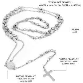 SM Stainless Steel Gold Silver Rosary 3mm-8mm CCB Beads Cross Y Necklace 20”-30” Chain for Women Men (4mm 26" - Silver)