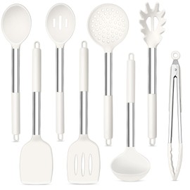 TeamFar Kitchen Utensils, 8PCS Cooking Silicone Utensils Kitchen Tool Kit with Stainless Steel Handle, for Nonstick Cookware Cooking Stirring Turning, Food Grade & Heat Resistant, Dishwasher Safe