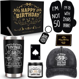 JTAMOHI 50th Birthday Gifts for Men - Unique Box with 20 Oz Tumbler, Scented Candle, Socks, Baseball Cap for Husband, Dad, Grandpa, Friends, Teachers, Boss